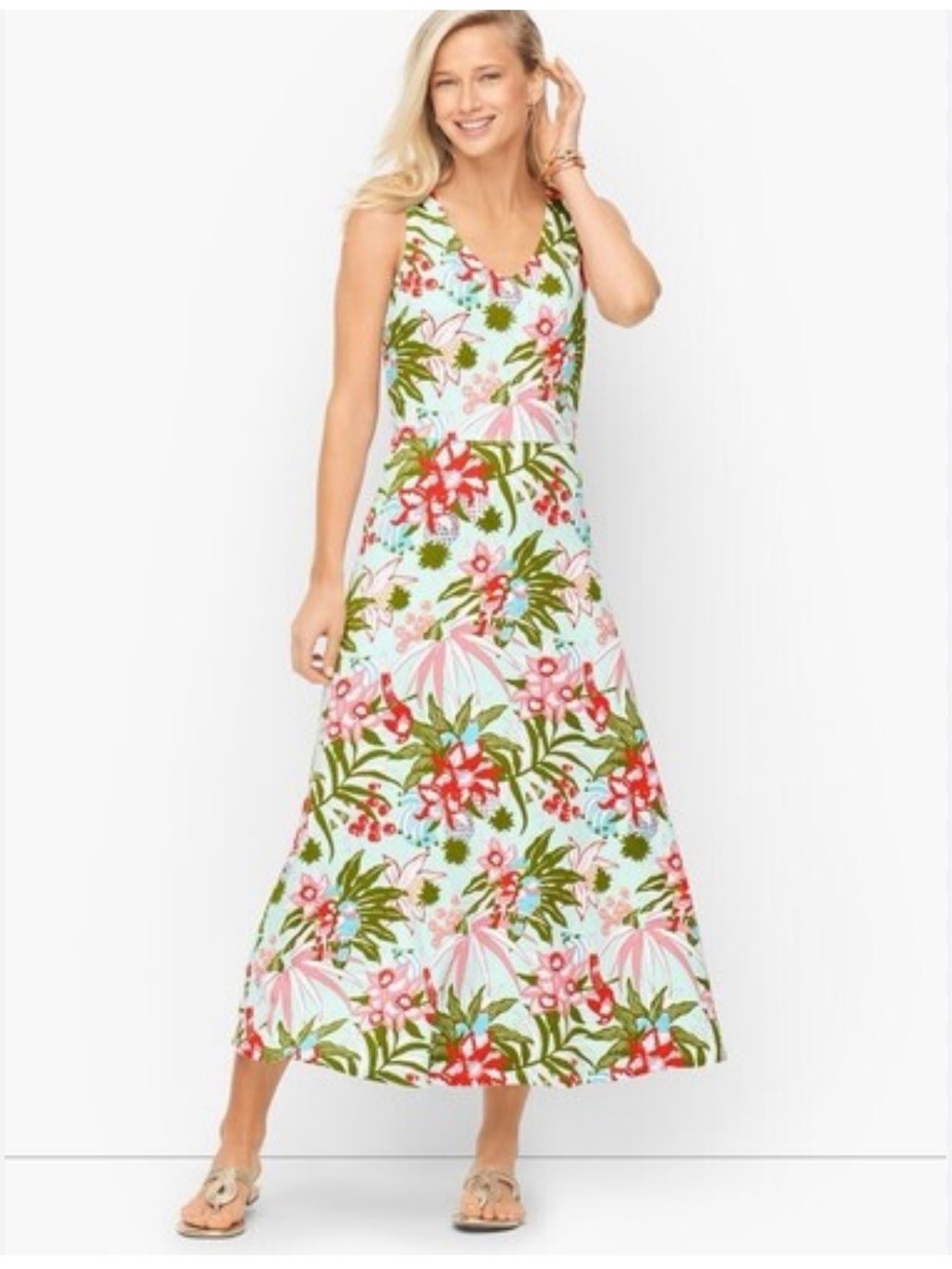 Talbots Maxi Dress Women’s Size M Green Tropical Floral Birds Jersey Resort